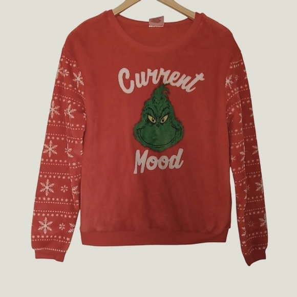 Dr. Seuss The Grinch "Current Mood" Crew-neck Sweatshirt Fuzzy Cuffed Sleeves - Picture 1 of 6